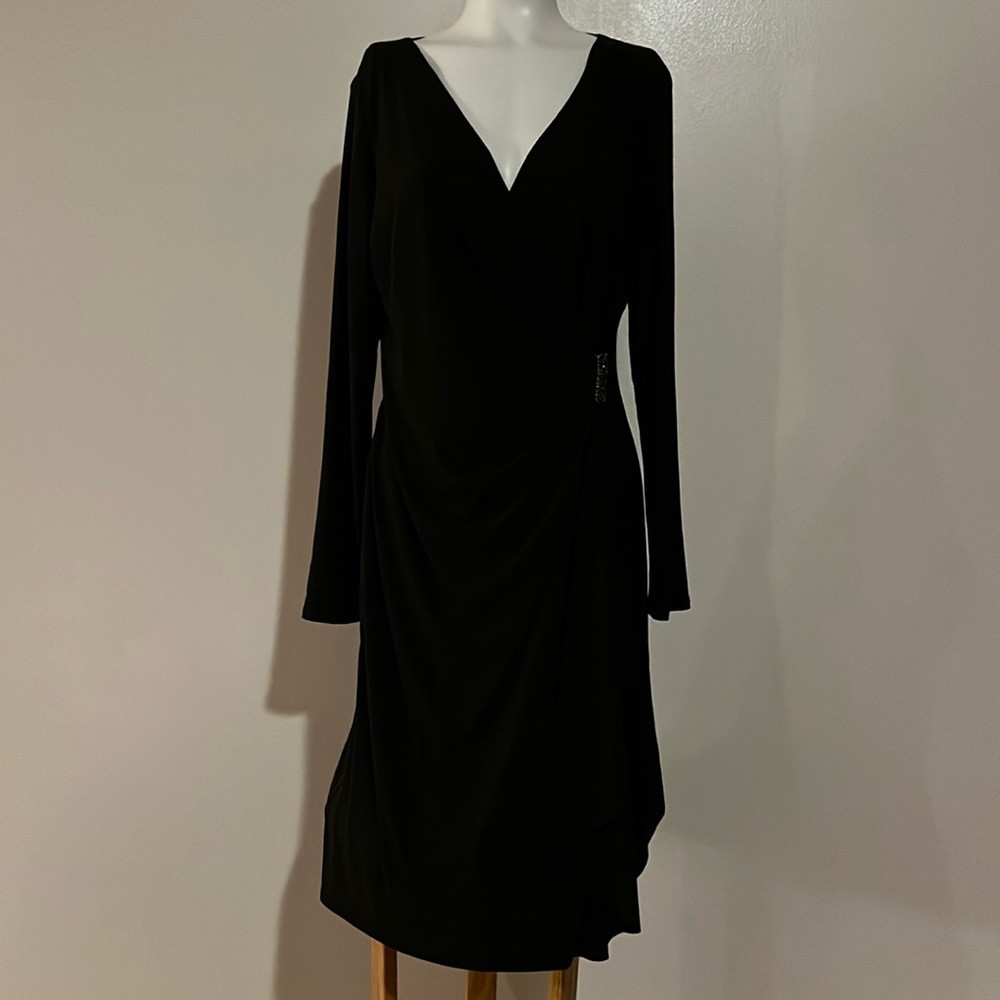 American Living faux wrap dress black with accent at waist, figure flattering